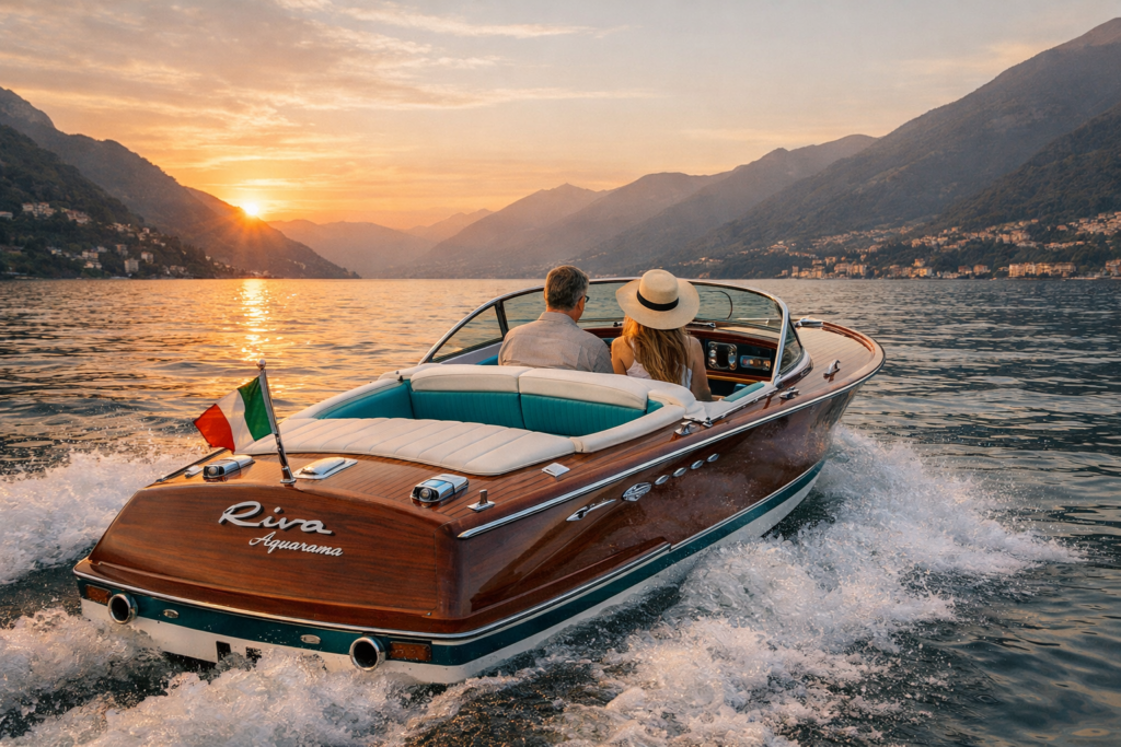 Riva Aquarama al tramonto – immagine generata con IA